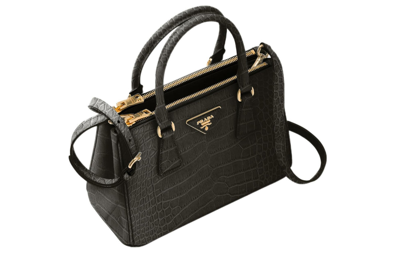 PRADA Galleria Killer Bag Crocodile Leather Shoulder Bag Crossbody Bag Handbag Small Size Women's Black