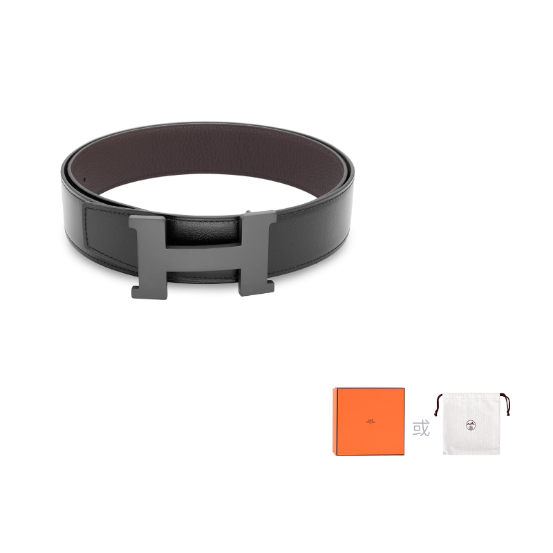 HERMES Cow Leather Belt Unisex Black/Chocolate Width: 3.8cm