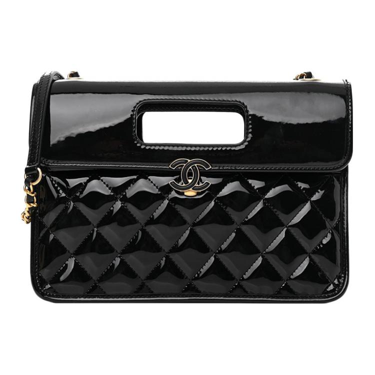 CHANEL Patent Leather Zipper Bag Messenger Bag Briefcase Shoulder Bag Crossbody Bag Handbag Women's Black