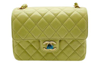 CHANEL Lambskin Chain Bag Crossbody Bag Shoulder Bag Small Size Women's Yellow Green