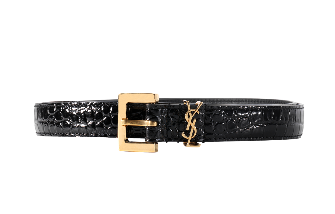 SAINT LAURENT Logo Plaque Square Buckled Embossed Belt