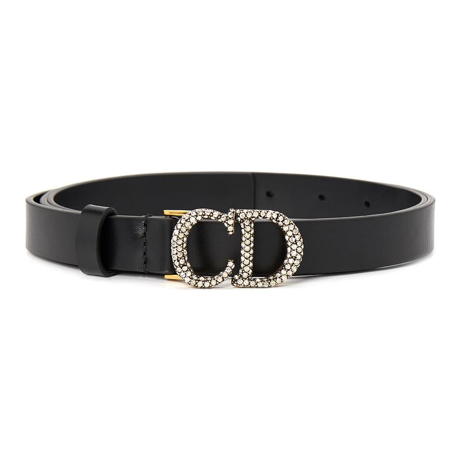 DIOR Badge Design Cow Leather Leather Belts Women's Black Width: 2CM