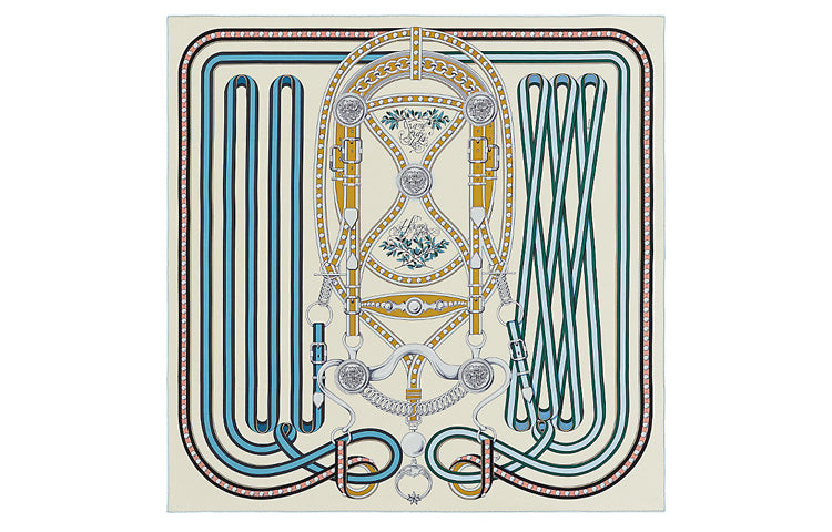 HERMES Silk Scarves Women's Cream/Blue