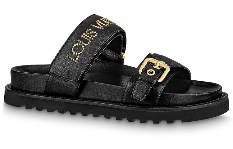 LOUIS VUITTON Paseo Comfort Quiet Slide Slippers Women's Black Gold
