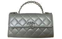 CHANEL 23P SS Sheepskin Flap Bag, One Shoulder Handbag, Crossbody Bag Large Size Women's Silver Gray