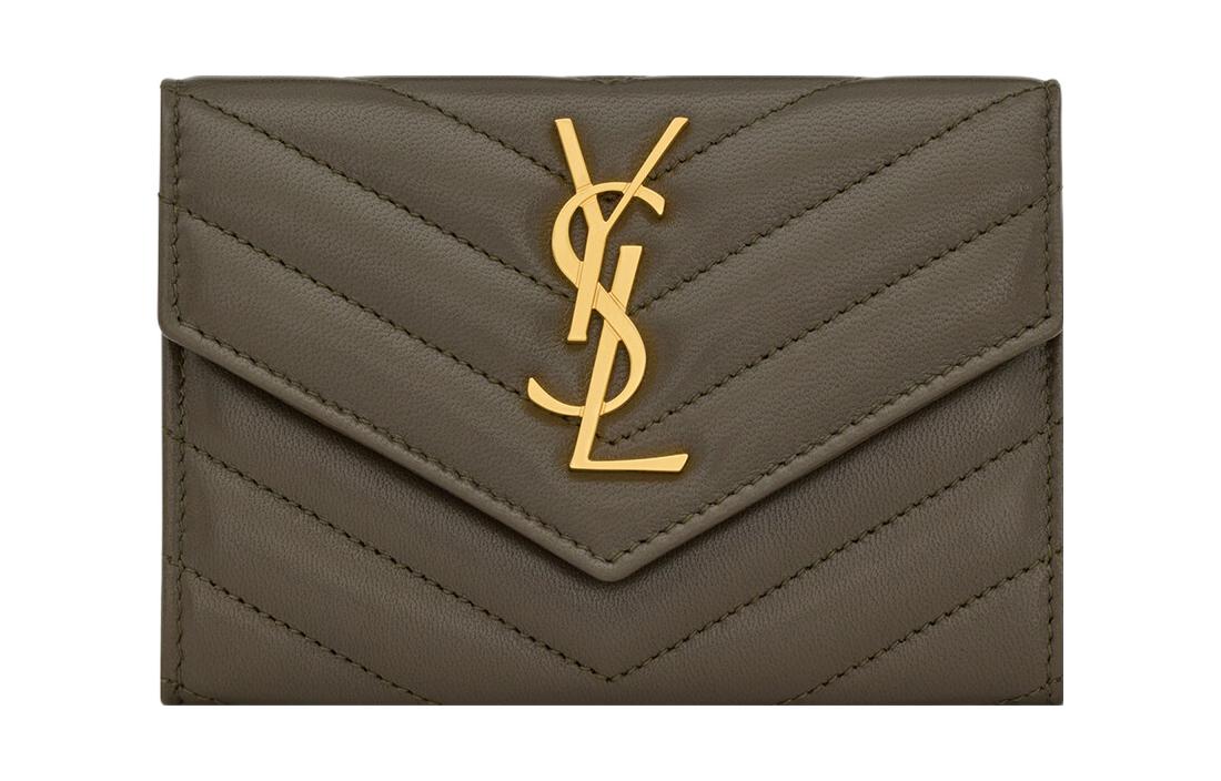 SAINT LAURENT CASSANDRE Sheepskin Card Holder, Wallet Trumpets Women's Army Green