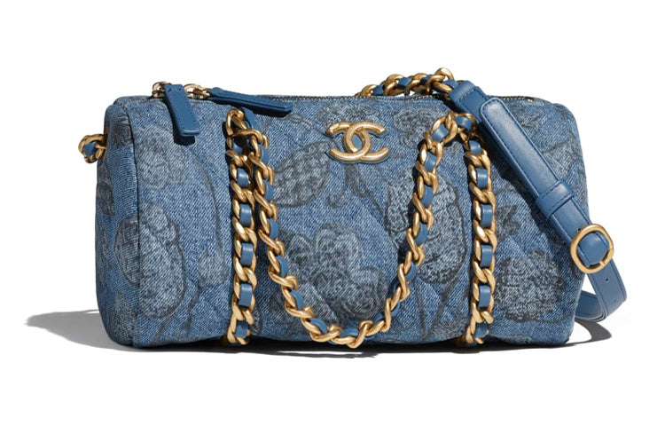 CHANEL Printed Denim Bowling Bag Handbag Shoulder Bag Crossbody Bag Women's Blue/White/Gray