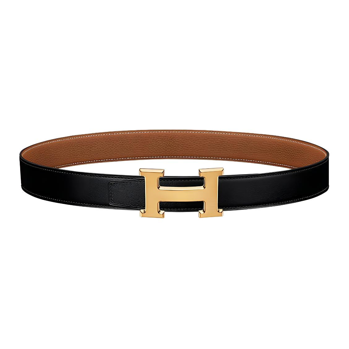 HERMES Togo Calfskin Leather Belts Men's Black/Gold Width  3.2cm