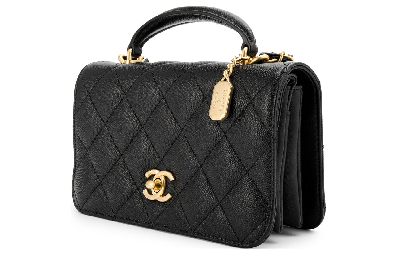 CHANEL Litchi Grain Cow Leather Mouth Cover Bag Shoulder Bag Crossbody Bag Handbag Mini Women's Black