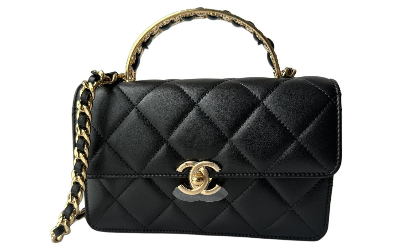 CHANEL Shiny Calfskin Handbag Shoulder Bag Crossbody Bag Mini Women's Black