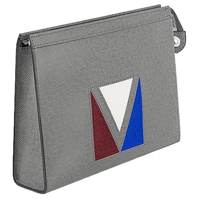 LOUIS VUITTON Pochette Voyage Taiga Cow Leather Clutch Men's Gray