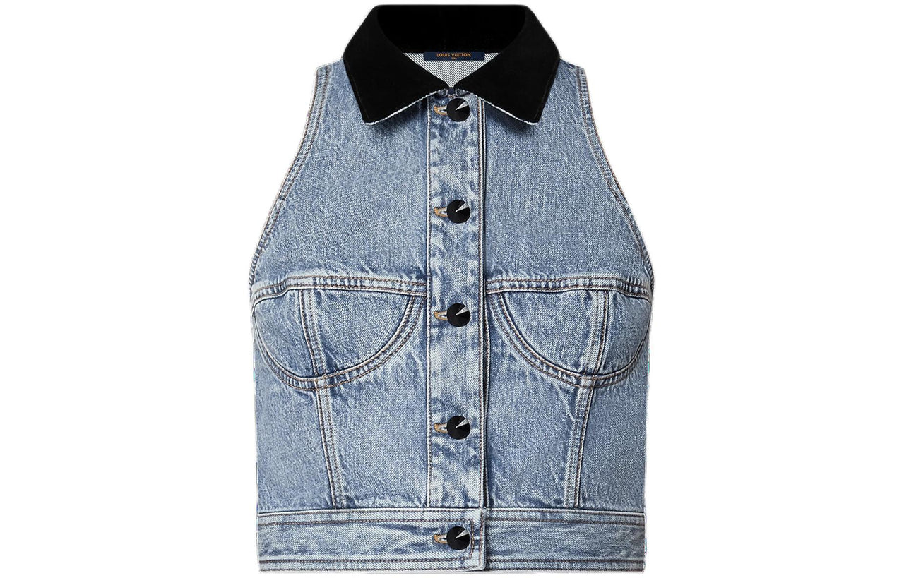 LOUIS VUITTON Sleeveless VeLOUIS VUITTONet Accent Denim Jacket