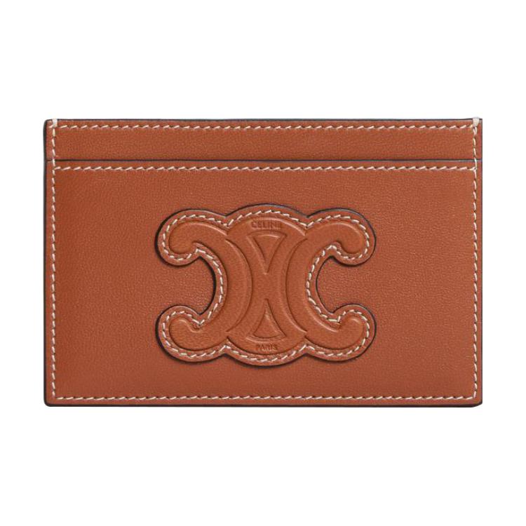 CELINE Triomphe Cow Leather Card Clip Money Clip Card Holder Women's Tan