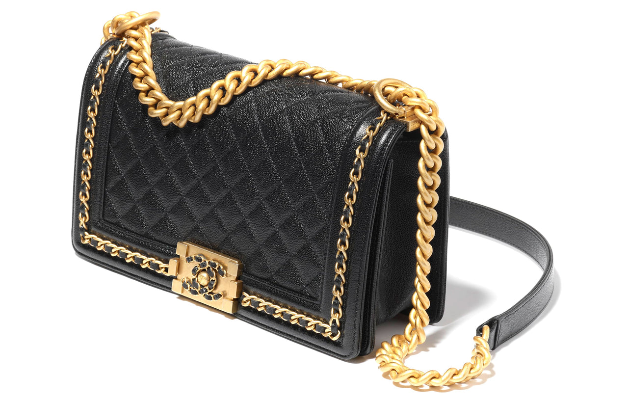 CHANEL Shiny Grained Calfskin Chain Bag With Zip Closure Crossbody Bag Women's Black