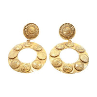 CHANEL Pre-Owned 1980-1990  Plated Sun Coin Medallion Motif Hoop Drop Costume Earrings