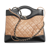 CHANEL Lambskin Shoulder Bag Crossbody Bag Handbag Mini Women's Dark Beige With Black Accents