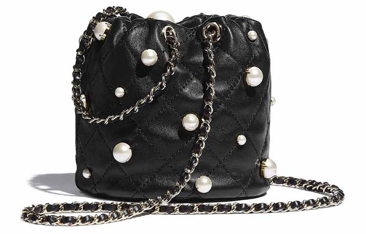 CHANEL Pearl Sheepskin Bucket Bags Shoulder Bag Crossbody Bag Mini Women's Black