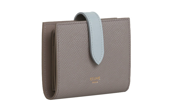 CELINE Grained Cow Leather Decorative Ribbon Wallet Small Size Women's Egg Stone Gray/Mineral Stone Color