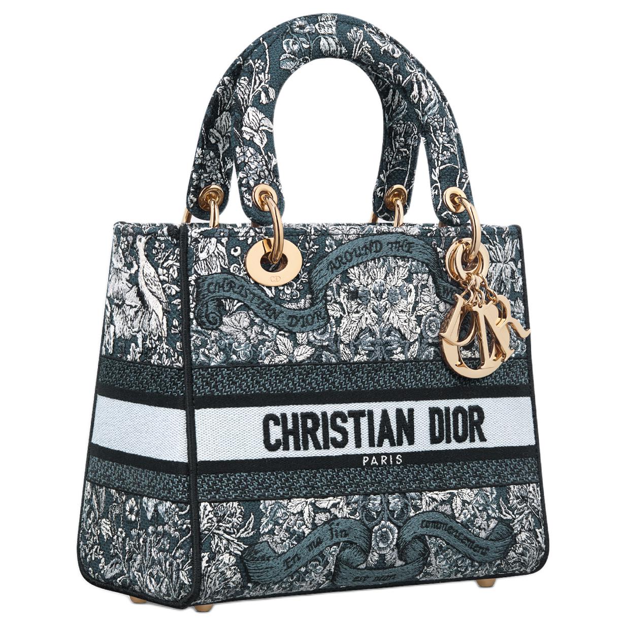 DIOR Fabric Tote Bag, Shopping Bag, Lady Dior Bag, One Shoulder Handbag Medium Size Women's Milk White & Blue