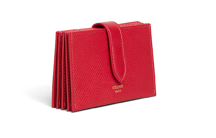 CELINE Grained Calfskin Card Holder Women's Red