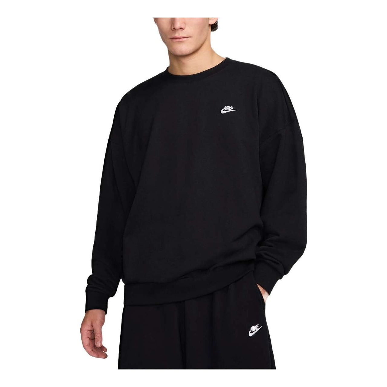 Nike Club Fleece Oversized French Terry Crewneck Sweatshirt Asia Sizing 'Black' HJ1820-010