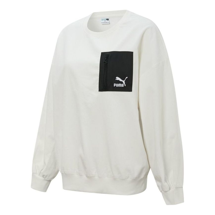 (WMNS) PUMA Contrasting Colors Zipper Pocket Sports Round Neck Pullover 'White' 534753-93