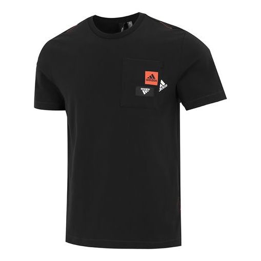 Men's adidas Solid Color Logo Pocket Athleisure Casual Sports Round Neck Short Sleeve Black T-Shirt HM2958