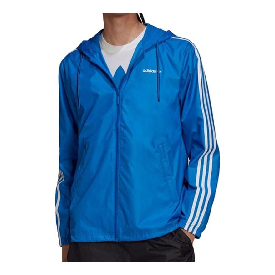 Men's adidas Solid Color Logo Stripe hooded Zipper Jacket Blue HC7131
