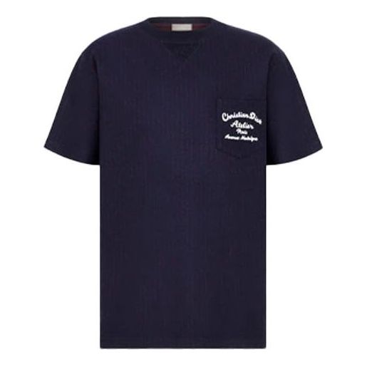 Men's DIOR SS22 Embroidered Plain Weave Knit Short Sleeve Navy Blue T-Shirt 213J637A0739-C583