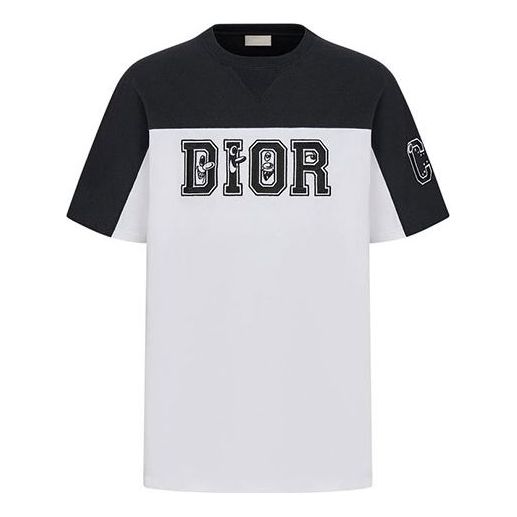 Men's DIOR Logo Colorblock Round Neck Short Sleeve White T-Shirt 193J646A0554-580