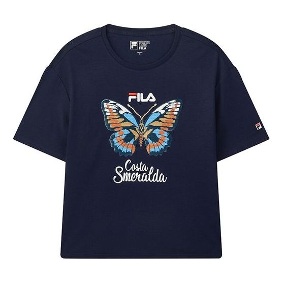 (WMNS) FILA Embroidered Round Neck Short Sleeve 'Navy Blue' F11W028117F-DB