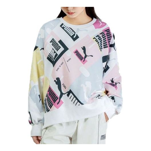 (WMNS) PUMA Full Print Logo Colorblock Loose Round Neck Pullover Hoodie White 535348-52