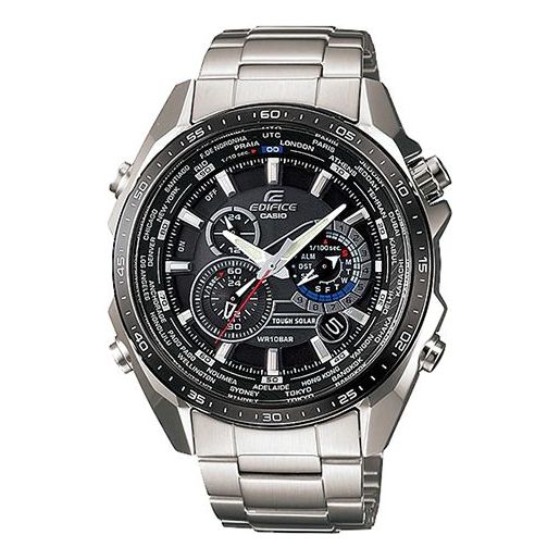 CASIO EDIFICE Solar Powered Stainless Steel Strap Quartz Waterproof Black DialSilver Strap Mens BlackSilver Analog EQS-500DB-1A1