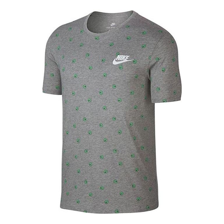 Men's Nike Round Neck Smiling Face Full Print Printing Logo Athleisure Casual Sports Short Sleeve Gray T-Shirt 911965-063