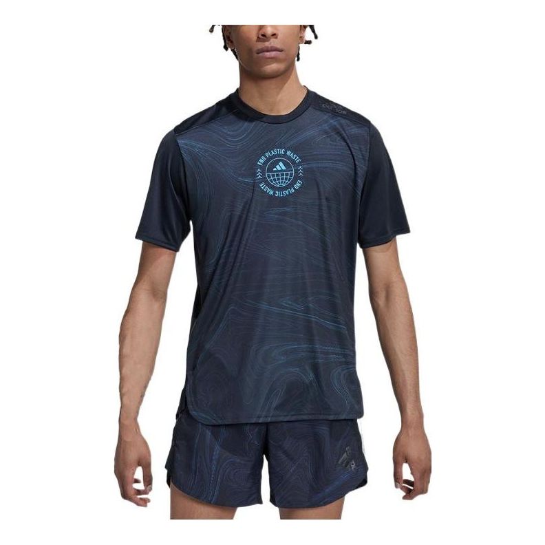 Men's adidas Abstract Pattern Printing Elastic Breathable Running Sports Short Sleeve Black T-Shirt HM1214