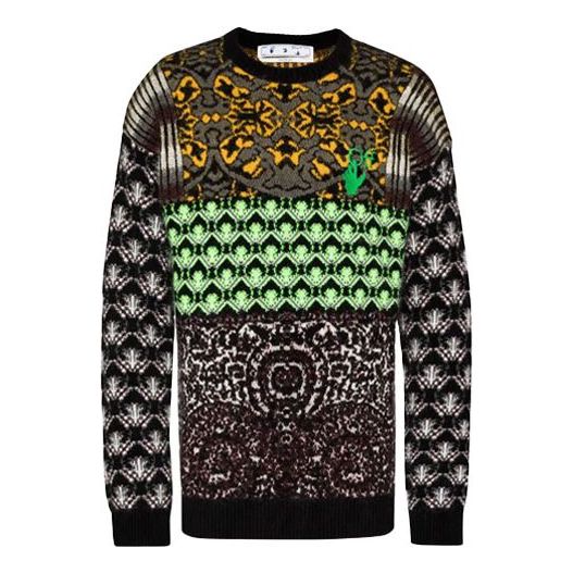 Men's Off-White FW21 Logo Arrow Pattern Round Neck Wool Sweater Loose Fit Green OMHE059F20KNI00109550955