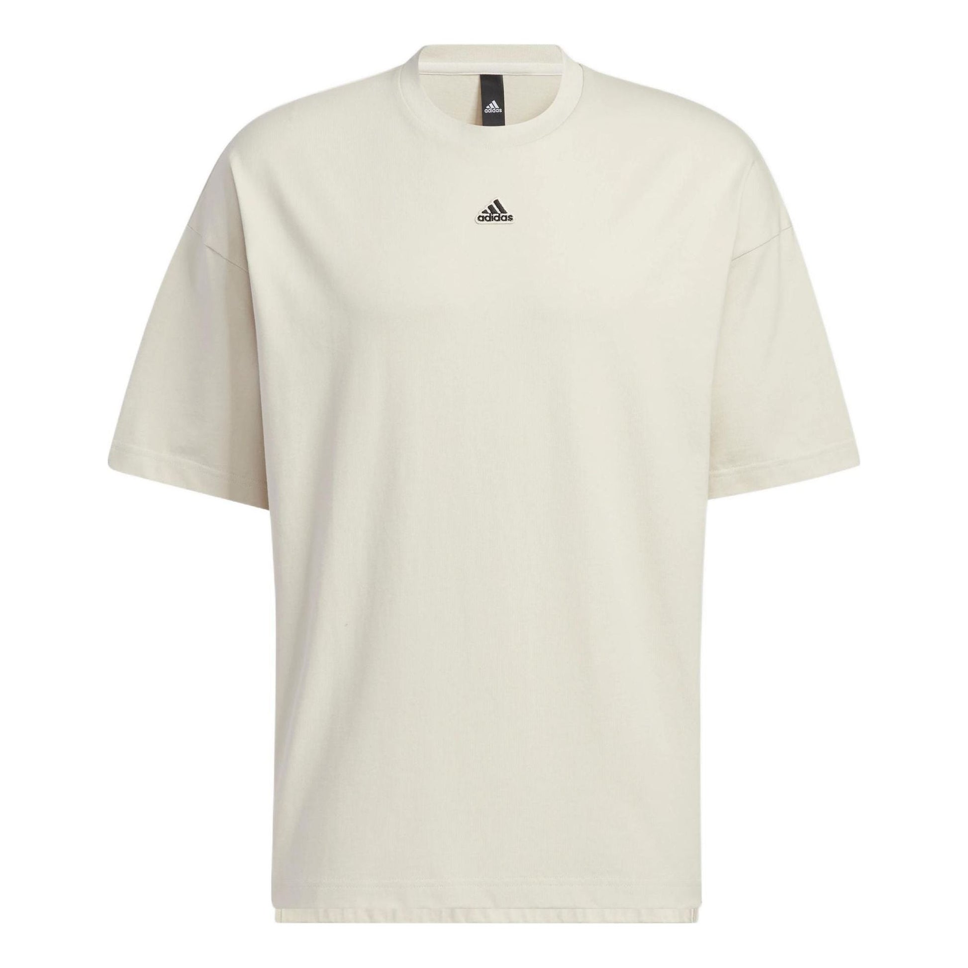 Men's adidas Solid Color Logo Loose Sports Short Sleeve Creamy White T-Shirt HS4379