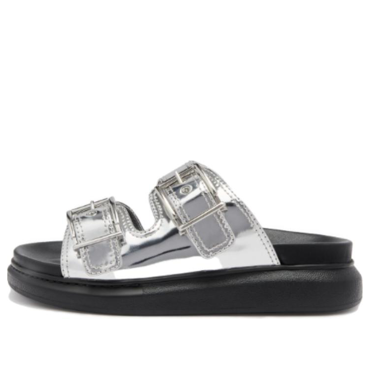 (WMNS) Alexander McQueen Gabine Buckled Leather Slides 'Silver Black' 783254W4WG18100