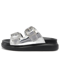(WMNS) Alexander McQueen Gabine Buckled Leather Slides 'Silver Black' 783254W4WG18100