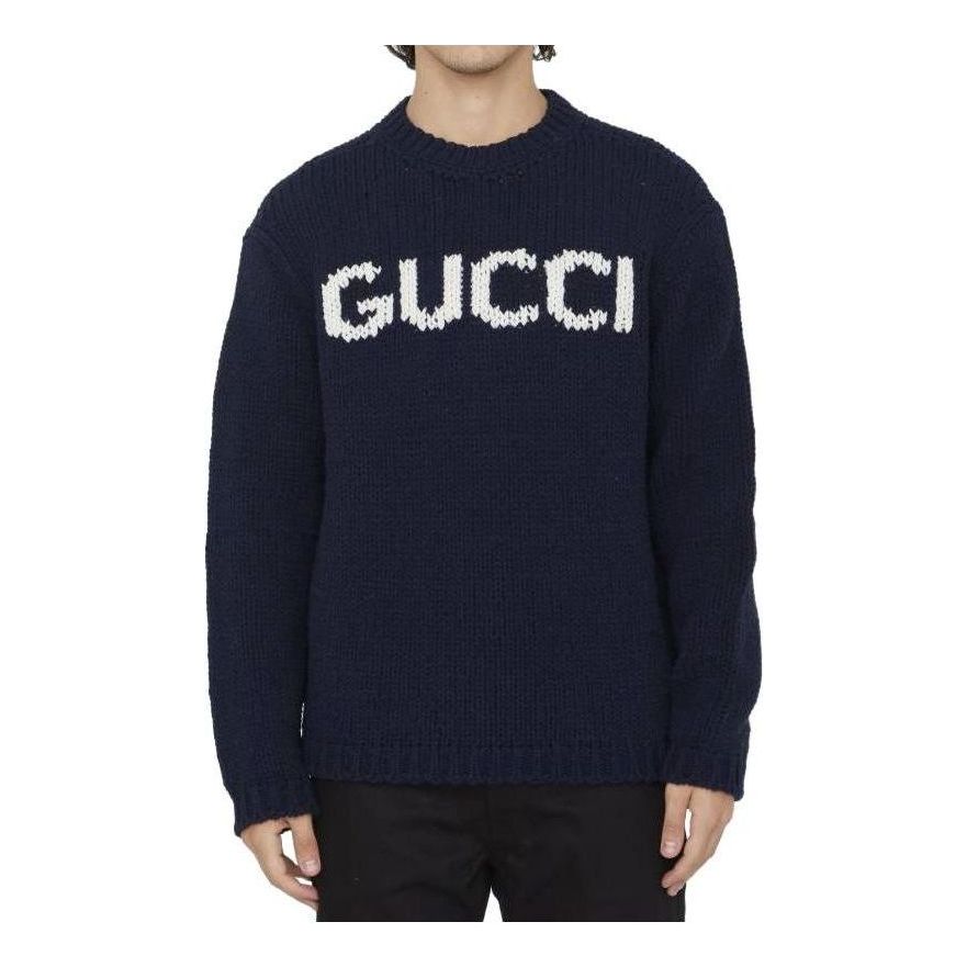 Gucci Knit Wool Jumper With Gucci Intarsia 'Blue Ivory' 761539-XKDK4-4492