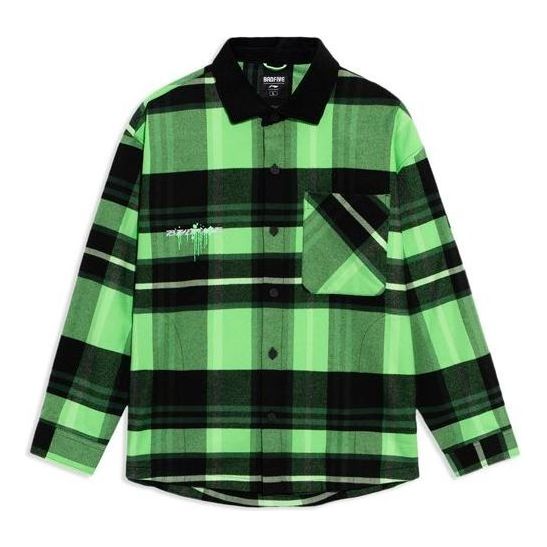 Li-Ning BADFIVE Sports Basketball Series Plaid Loose Fleece Lined Long Sleeves Shirt 'Green' ASHS005-1