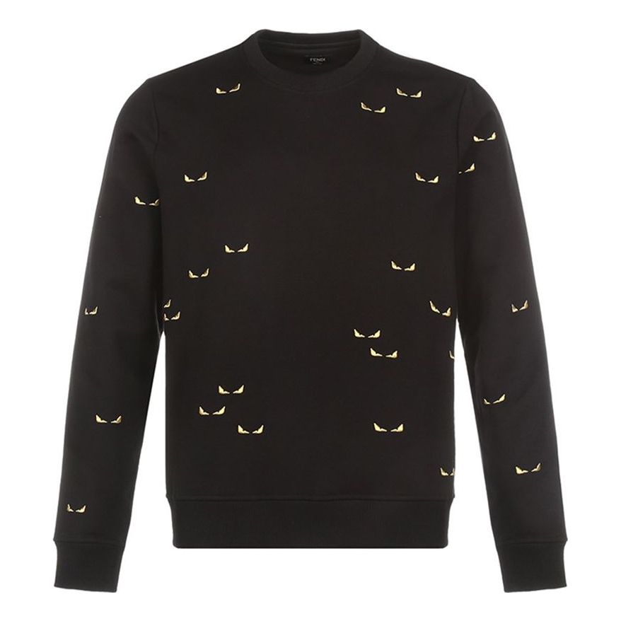 Men's FENDI Small Eye Embroidered Fleece Lined Round Neck Long Sleeves Black FY0178ACNAF0QA1