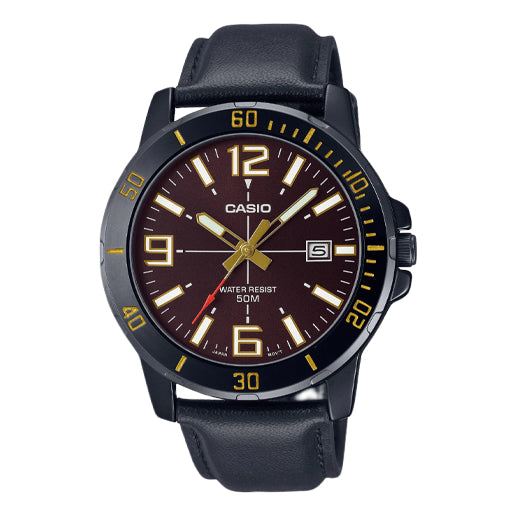 Men's CASIO Dress Series Classic Minimalistic Red 45mm 50 waterproof Black Strap Mens RedBrown Analog MTP-VD01BL-5BV