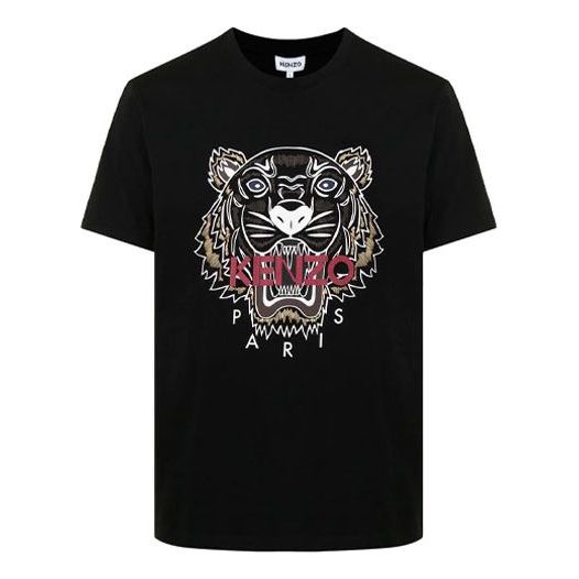 Men's KENZO Tiger Head Printing Round Neck Short Sleeve Black T-Shirt FB65TS0204YA-99