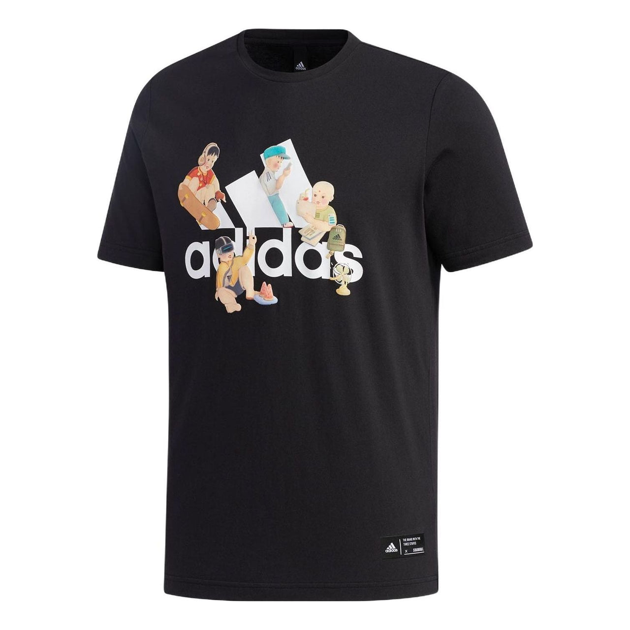 Men's adidas Cartoon Alphabet Logo Printing Round Neck Short Sleeve Black T-Shirt GL0398
