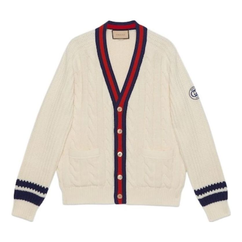 Gucci Cable Wool Knit Cardigan With Web 'Ivory' 763373-XKDPC-9189