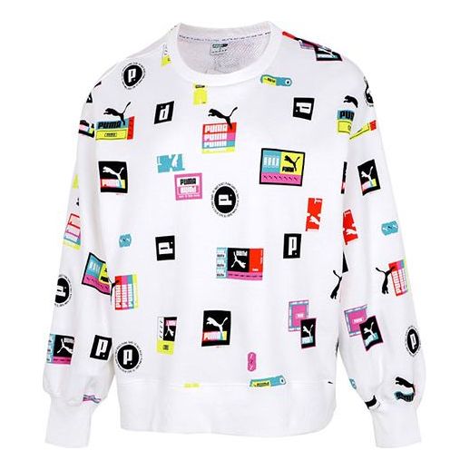 (WMNS) PUMA Full Print Logo Loose Round Neck Pullover Hoodie White 535348-02