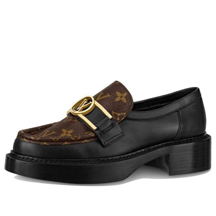 (WMNS) LOUIS VUITTON Academy Loafers 'Black with Brown Monogram and Gold Plate' 1A7TXN