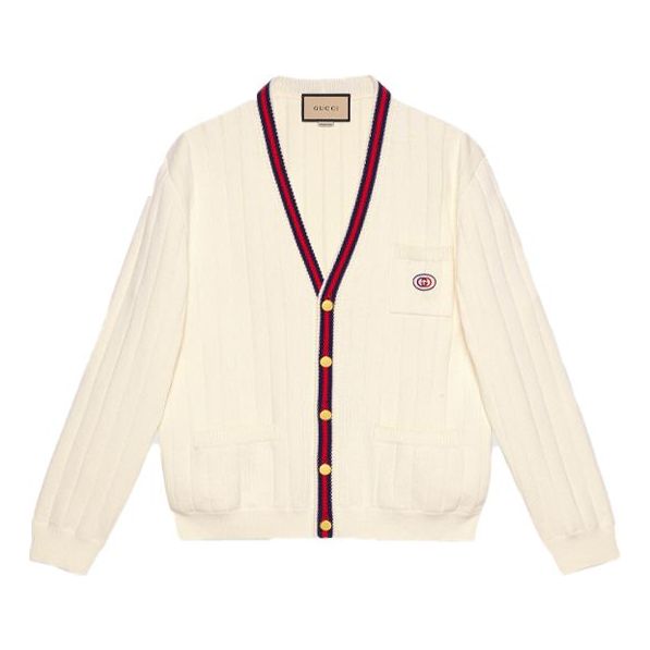 Gucci Knit Cotton V-Neck Cardigan With Web 'Ivory' 654984-XKBUR-9182