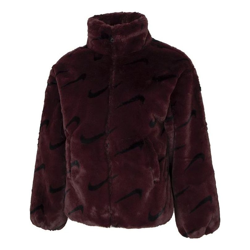 (WMNS) Nike Printed Faux Fur Jacket Asia Sizing 'Burgundy' DQ6843-652